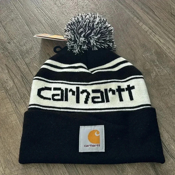 Carhartt Knit Cuffed Pom-pom,logo graphic beanie,striped black & white,OS unisex - Picture 1 of 7